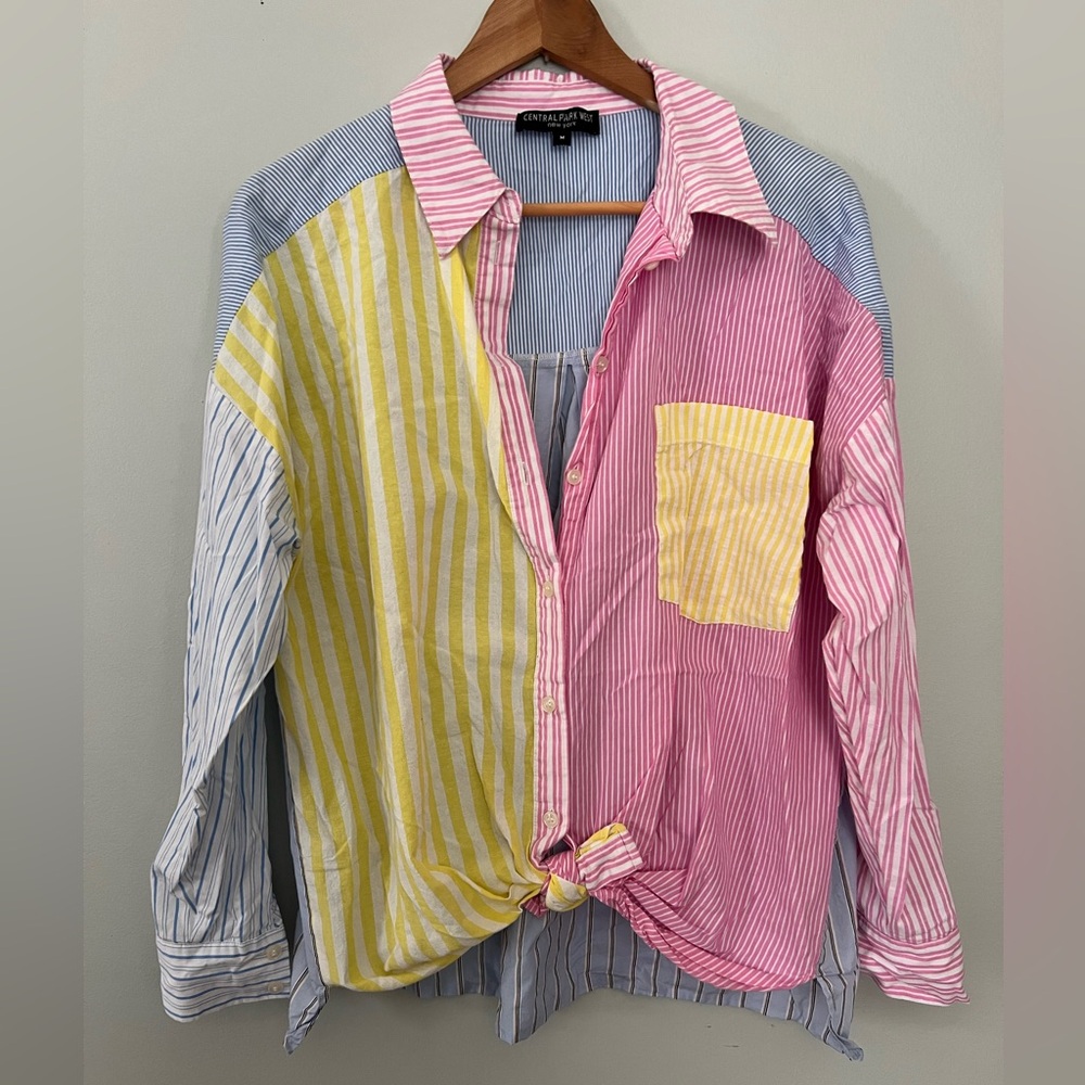 Central Park West Patchwork Striped Button Down S… - image 1